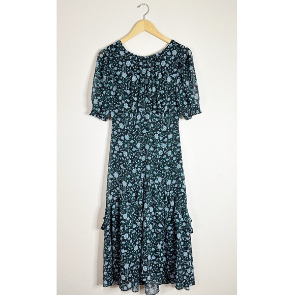 DRAPER JAMES green and black Fall Vines tiered ruffle midi dress 4 - Picture 1 of 11